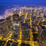 Aerial view of Seattle city lights at night highlighting vibrant downtown nightlife district