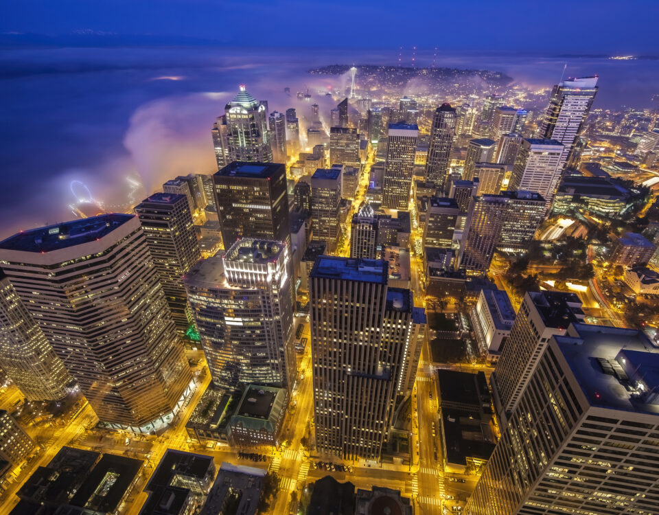 Aerial view of Seattle city lights at night highlighting vibrant downtown nightlife district